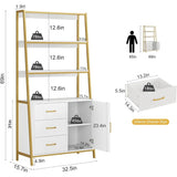 69" White & Gold Bookshelf with Drawers & Ladder Shelves