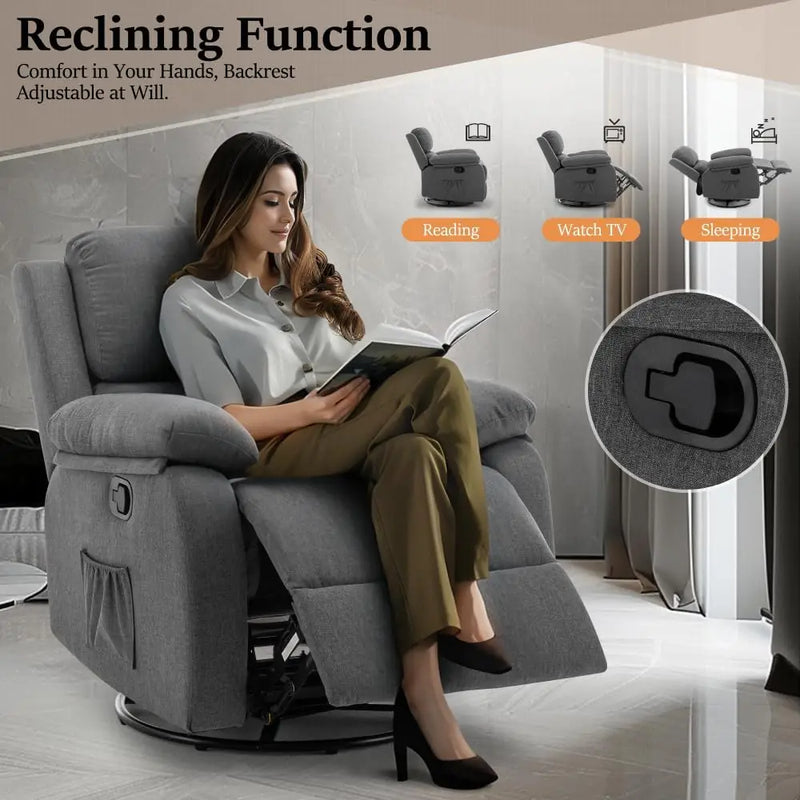 360° Swivel Rocker Recliner – Upholstered Glider Chair for Relaxation