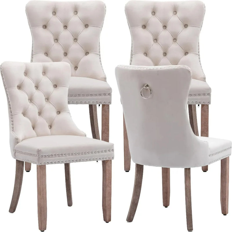 Beige Velvet Tufted Dining Chairs Set of 4 – Elegant & Modern