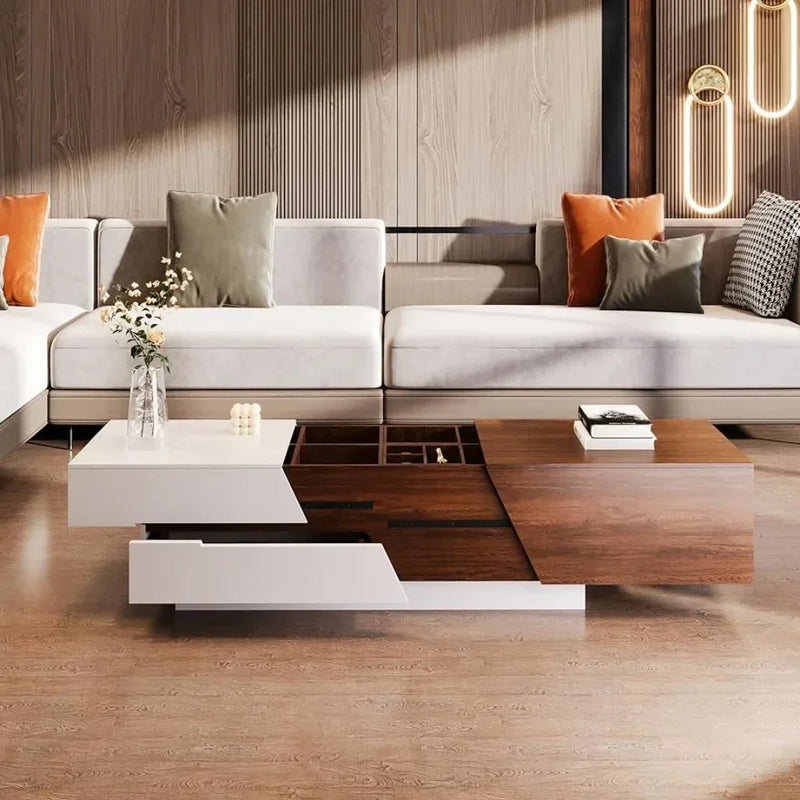Modern Extendable Coffee Table with Hidden Storage – White & Walnut