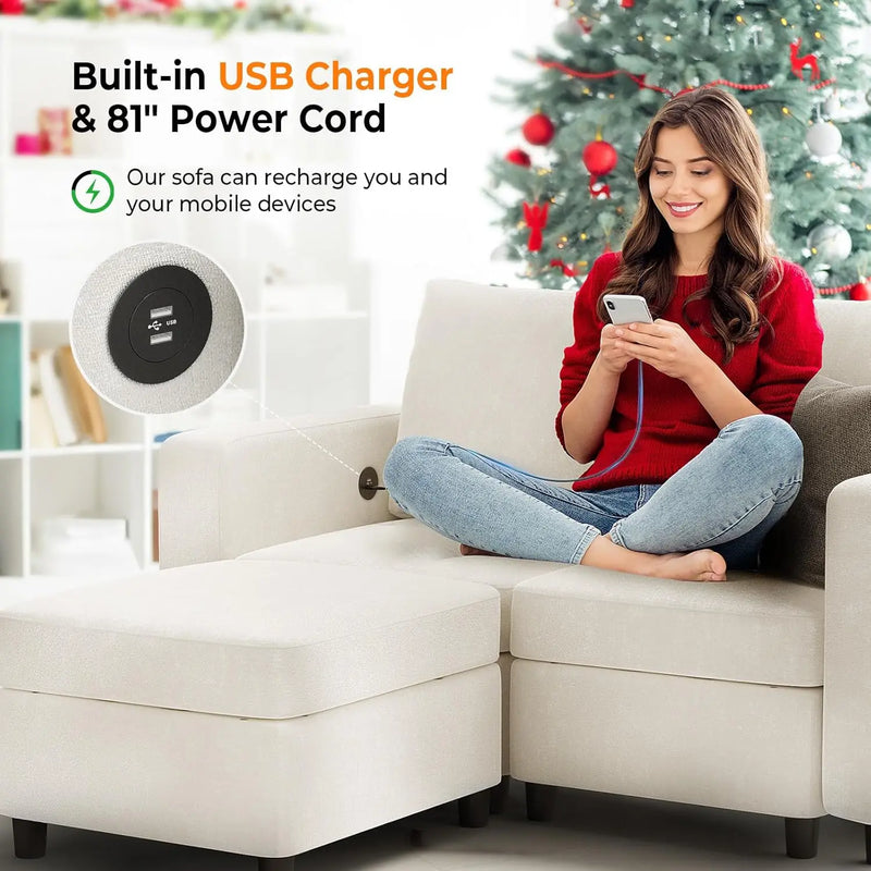 Cream White Modular Sectional Sofa with Storage & USB Chargers – 6 Seats