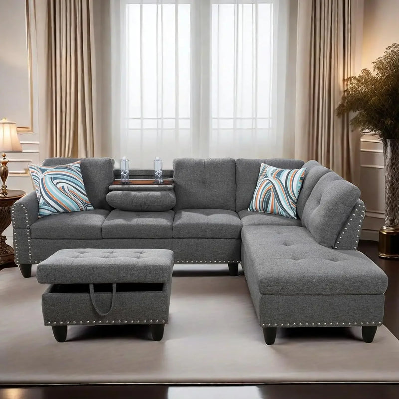 L-Shaped Sectional Sofa w/ Storage Ottoman & Cup Holder – 97"
