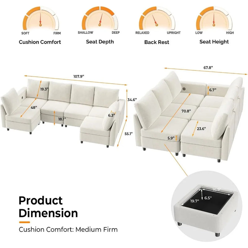 Cream White Modular Sectional Sofa with Storage & USB Chargers – 6 Seats