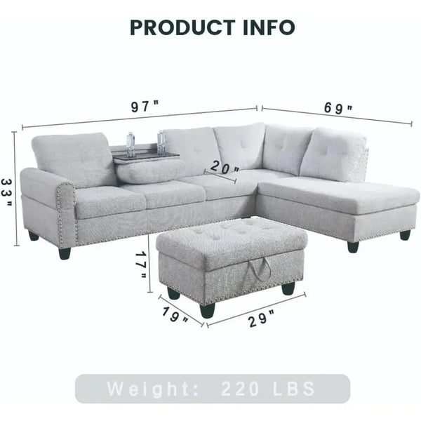 L-Shaped Sectional Sofa w/ Storage Ottoman & Cup Holder – 97"