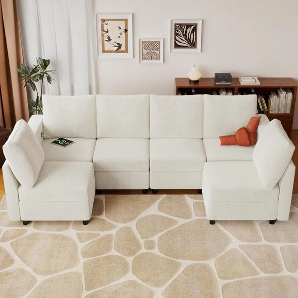 Cream White Modular Sectional Sofa with Storage & USB Chargers – 6 Seats