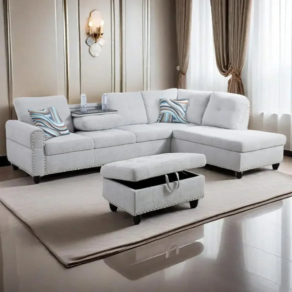 L-Shaped Sectional Sofa w/ Storage Ottoman & Cup Holder – 97"