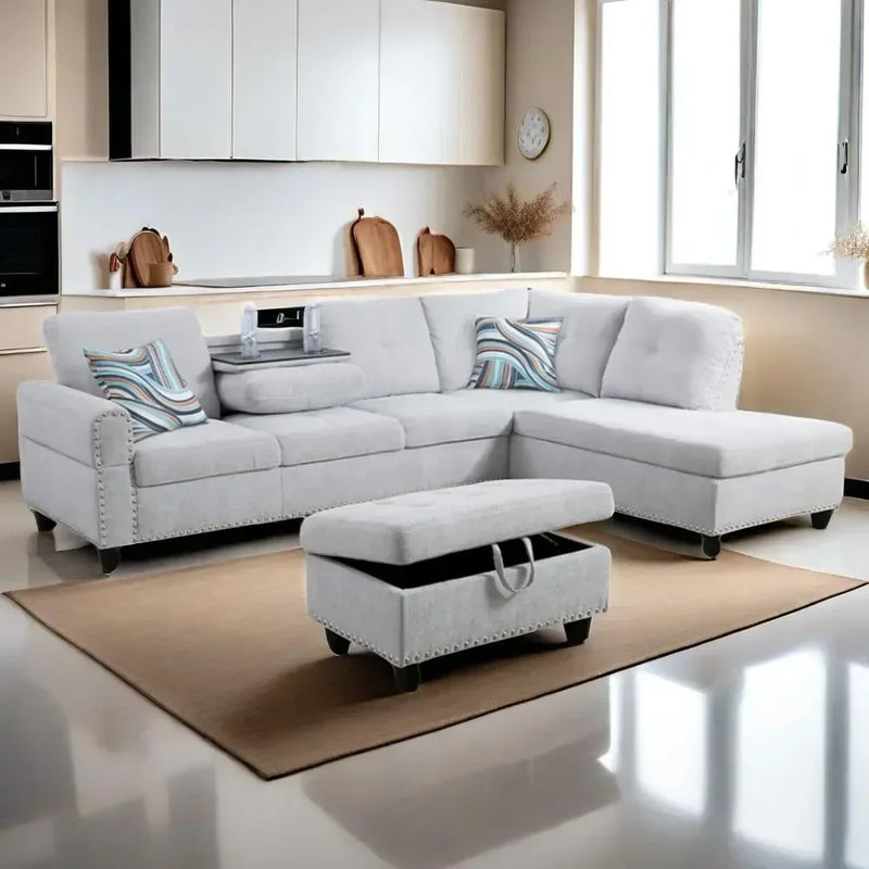 L-Shaped Sectional Sofa w/ Storage Ottoman & Cup Holder – 97"
