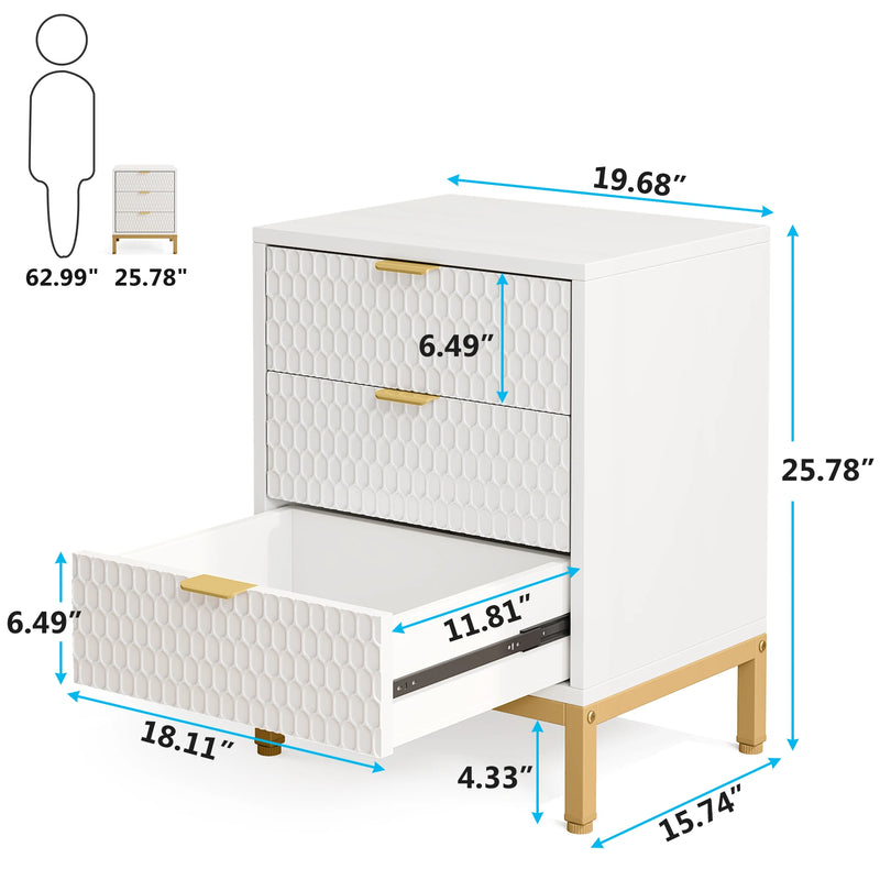 Modern White Nightstand with 3 Drawers - Gold Base