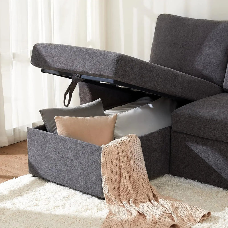Sleeper Sofa Bed with Storage Chaise – Grey Linen