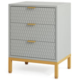 Modern White Nightstand with 3 Drawers - Gold Base