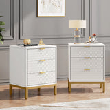 Modern White Nightstand with 3 Drawers - Gold Base