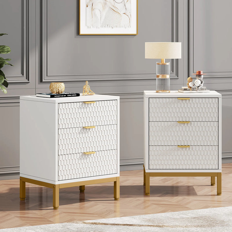 Modern White Nightstand with 3 Drawers - Gold Base