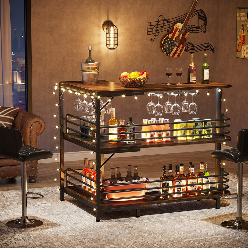 L-Shaped Home Bar Unit – 3 Tier Liquor Table with Storage & Wine Glass Holder