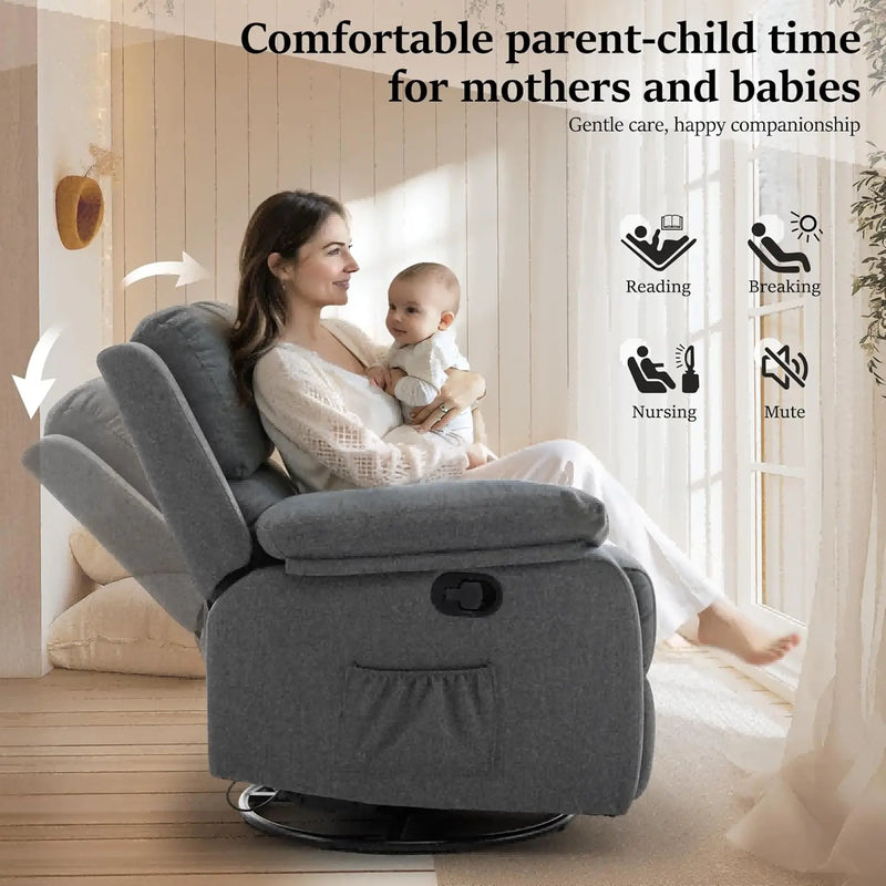 360° Swivel Rocker Recliner – Upholstered Glider Chair for Relaxation
