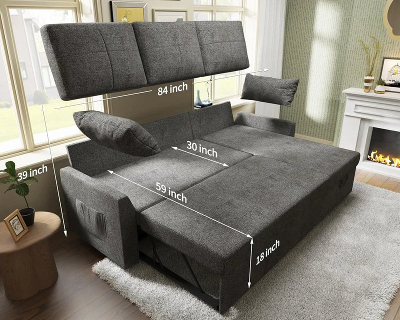 Sleeper Sofa Bed with Storage Chaise – Grey Linen