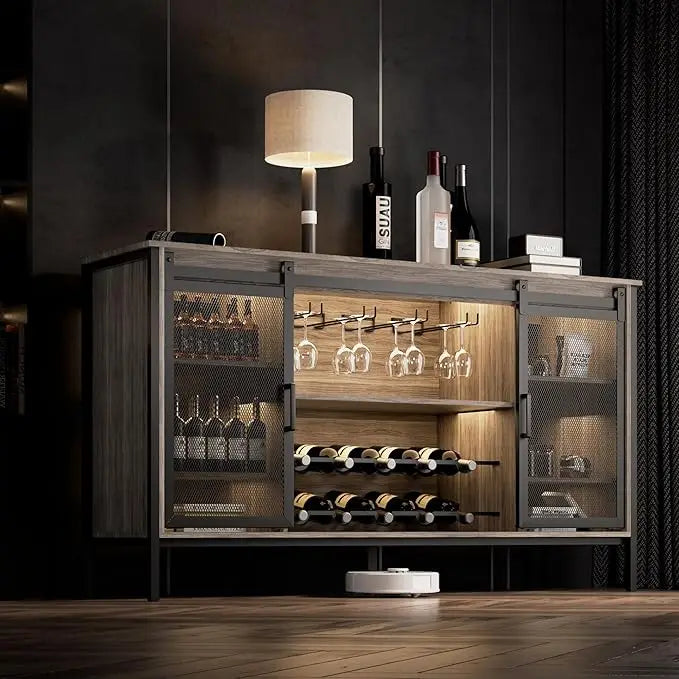 Farmhouse Coffee & Wine Bar Cabinet with LED & Wine Rack