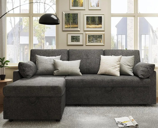 Sleeper Sofa Bed with Storage Chaise – Grey Linen