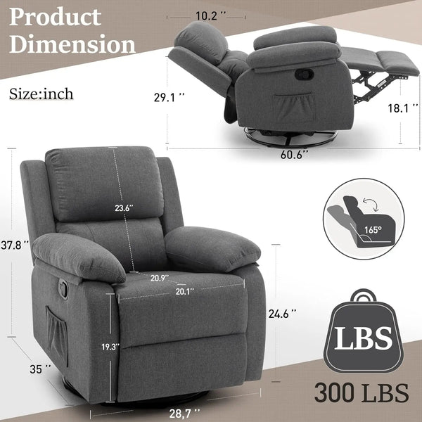 360° Swivel Rocker Recliner – Upholstered Glider Chair for Relaxation