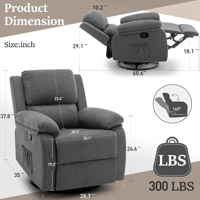 360° Swivel Rocker Recliner – Upholstered Glider Chair for Relaxation