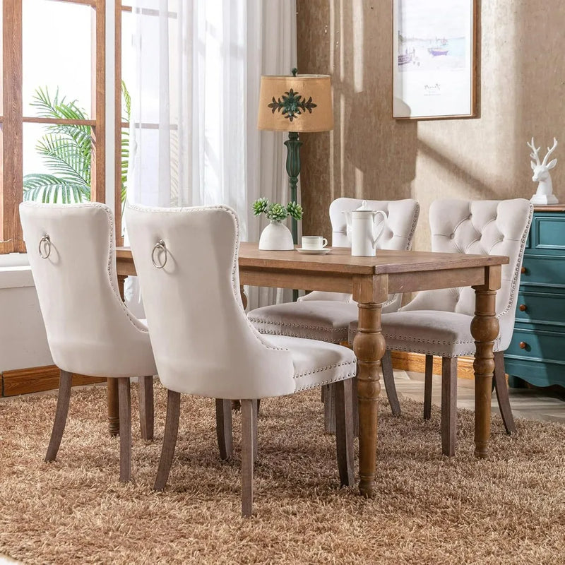 Beige Velvet Tufted Dining Chairs Set of 4 – Elegant & Modern