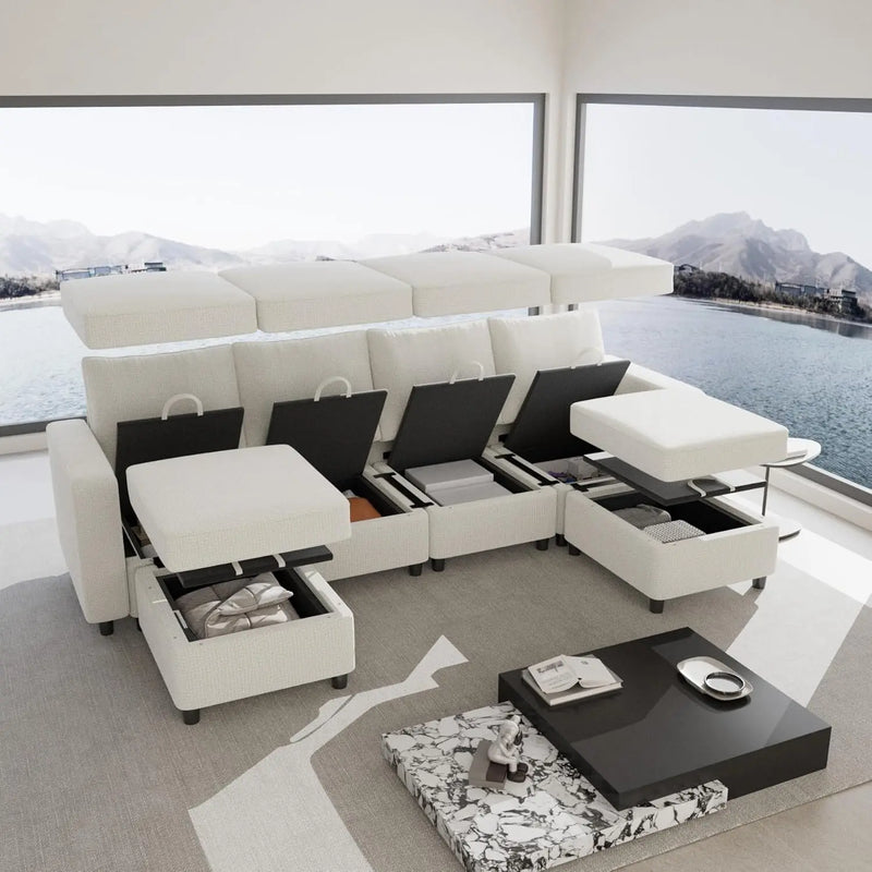 Cream White Modular Sectional Sofa with Storage & USB Chargers – 6 Seats