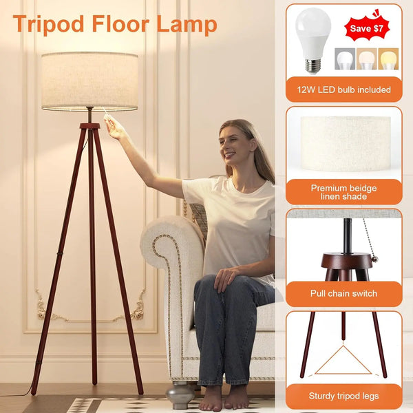 Wood Tripod Floor Lamp with Beige Linen Shade – 3-Color LED