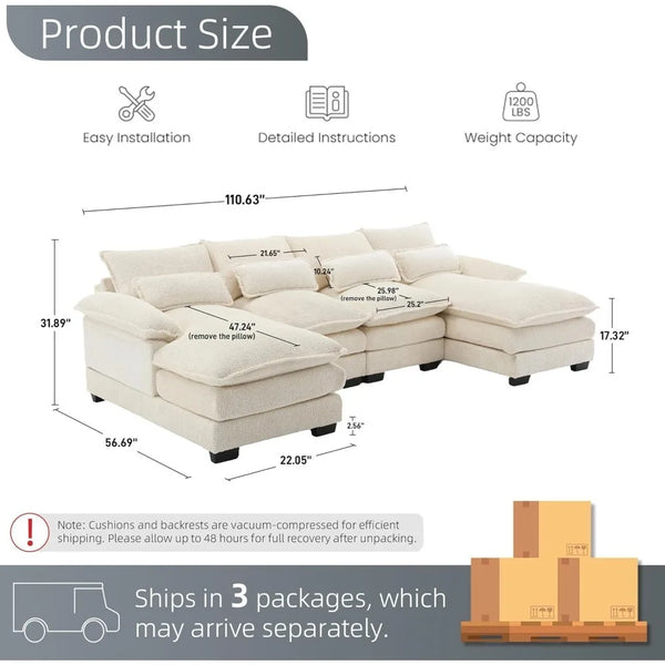 U-Shaped Chenille Sectional Sofa w/ Double Chaise – 110"