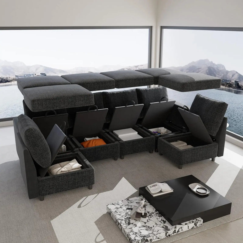 Cream White Modular Sectional Sofa with Storage & USB Chargers – 6 Seats