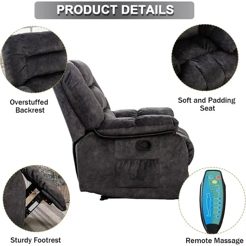 Overstuffed Massage Recliner with Heat & Vibration – Plush Fabric Reclining Chair