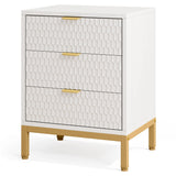 Modern White Nightstand with 3 Drawers - Gold Base