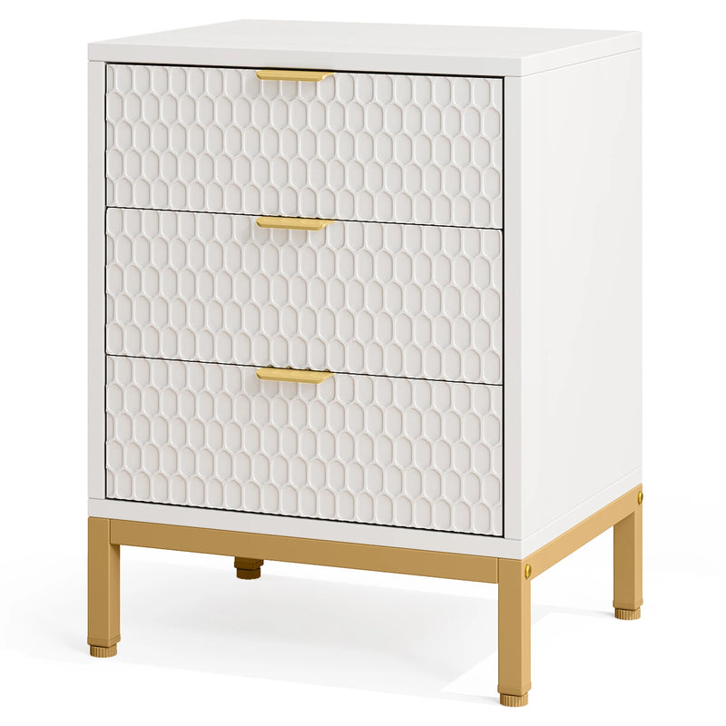 Modern White Nightstand with 3 Drawers - Gold Base