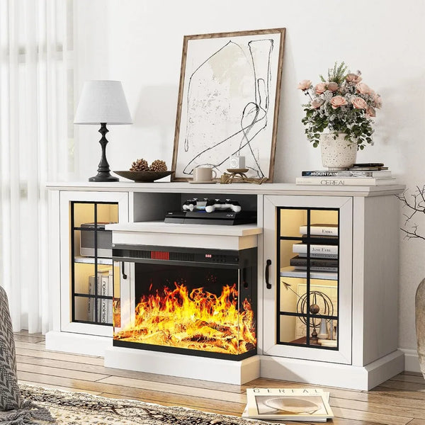 59'' Fireplace TV Stand with Glass Doors for TVs Up to 65''