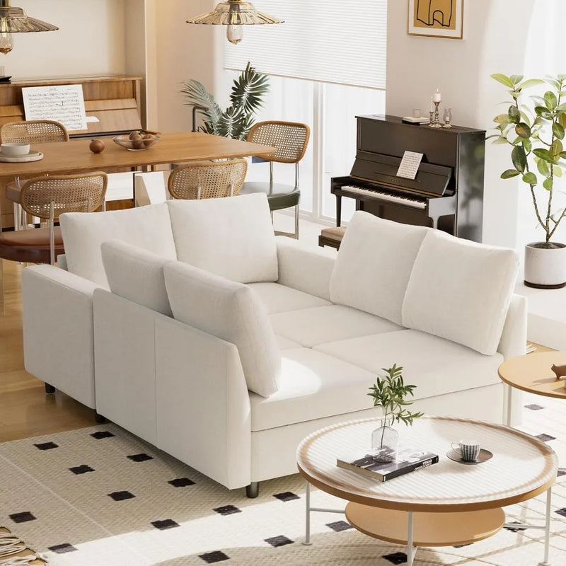 Cream White Modular Sectional Sofa with Storage & USB Chargers – 6 Seats