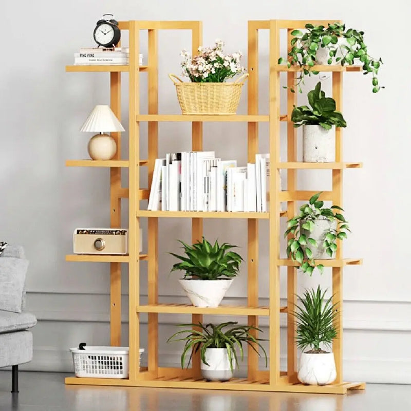 9-Tier Bamboo Plant Stand - Natural Wood Flower Shelf for Balcony & Living Room