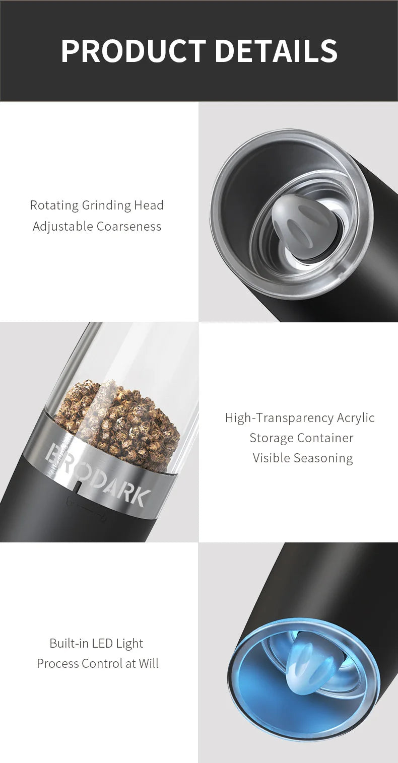 Gravity Electric Salt & Pepper Grinder Set – LED, One-Handed Operation-kitchen-Krewe Home Interiors