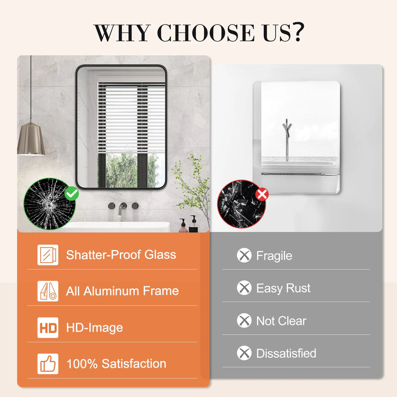 Matte Black Framed Bathroom Mirror, Tempered Glass, Modern Rectangular Design-bathroom-Krewe Home Interiors