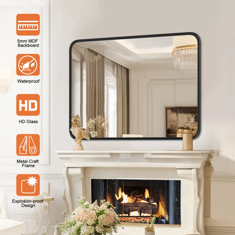 Matte Black Framed Bathroom Mirror, Tempered Glass, Modern Rectangular Design-bathroom-Krewe Home Interiors