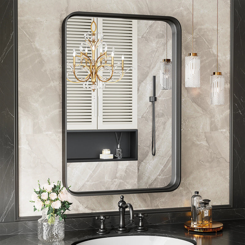 Matte Black Framed Bathroom Mirror, Tempered Glass, Modern Rectangular Design-bathroom-Krewe Home Interiors
