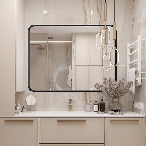 Matte Black Framed Bathroom Mirror, Tempered Glass, Modern Rectangular Design-bathroom-Krewe Home Interiors