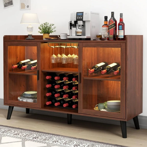 Modern Wine Bar Cabinet with LED Light – Walnut Finish-Furniture-Krewe Home Interiors