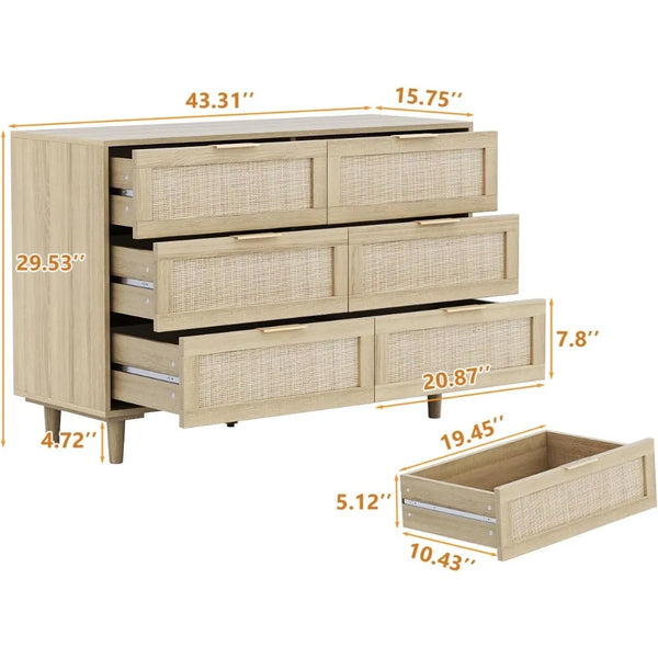 Rattan Dresser with 6 Drawers – Farmhouse & Boho Storage-Furniture-Krewe Home Interiors