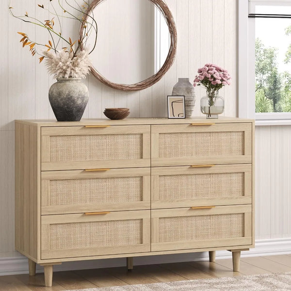 Rattan Dresser with 6 Drawers – Farmhouse & Boho Storage-Furniture-Krewe Home Interiors