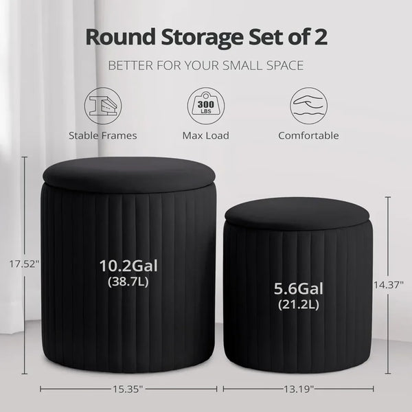 Round Ottoman Set of 2 – Boucle Upholstered Storage Stools-Furniture-Krewe Home Interiors