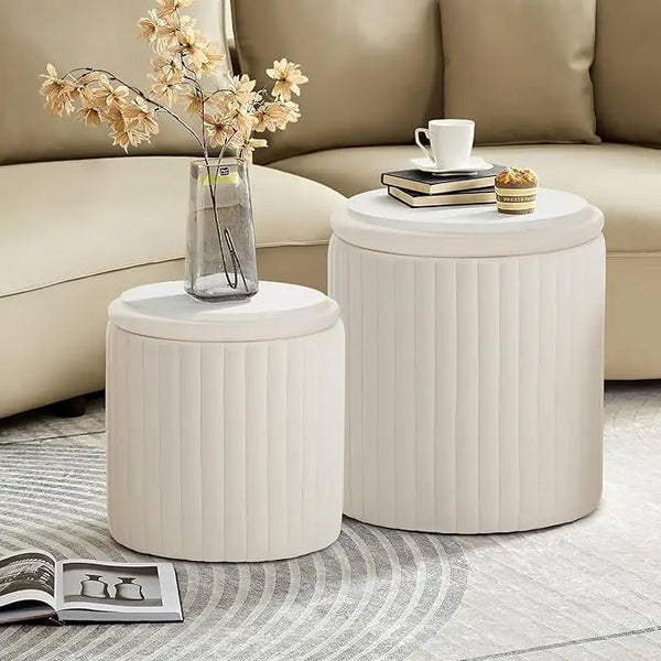 Round Ottoman Set of 2 – Boucle Upholstered Storage Stools-Furniture-Krewe Home Interiors